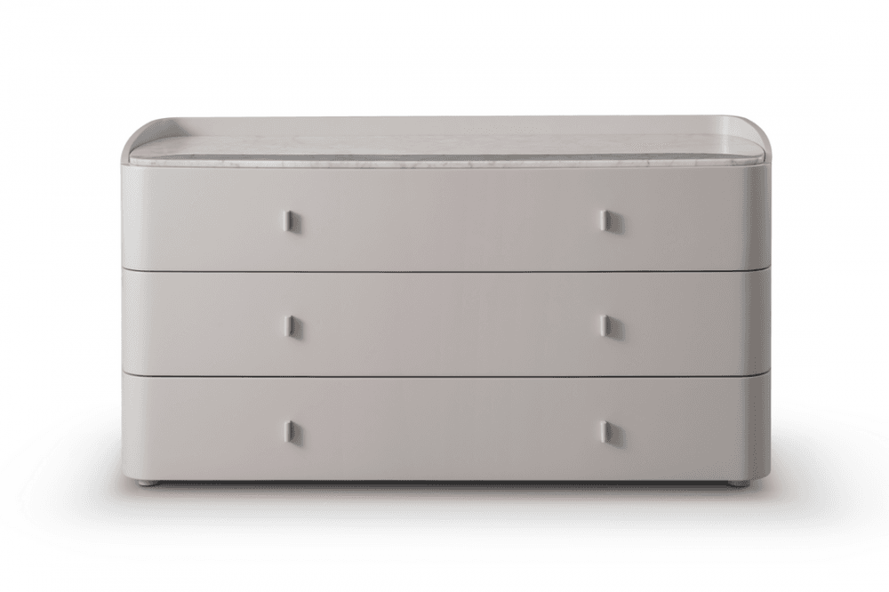 Vertu Dresser Matte Beige Walnut Wood & Bianco Carrara Marble Top 3 Drawer by Tommy Franks