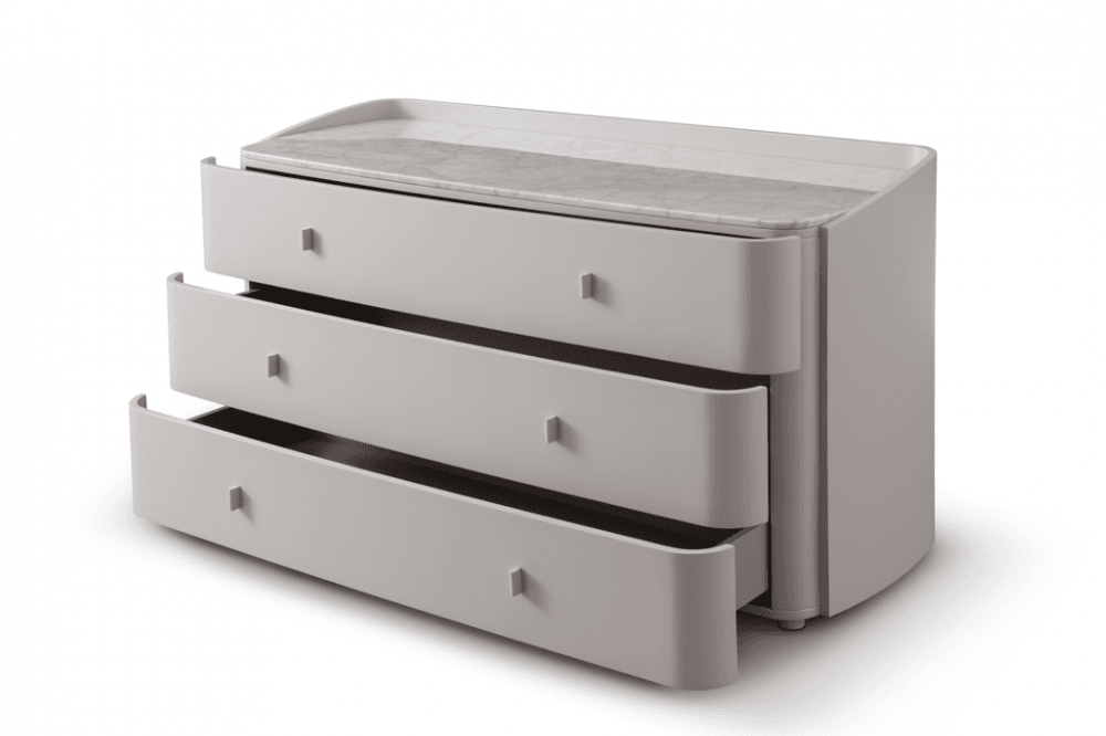Vertu Dresser Matte Beige Walnut Wood & Bianco Carrara Marble Top 3 Drawer by Tommy Franks