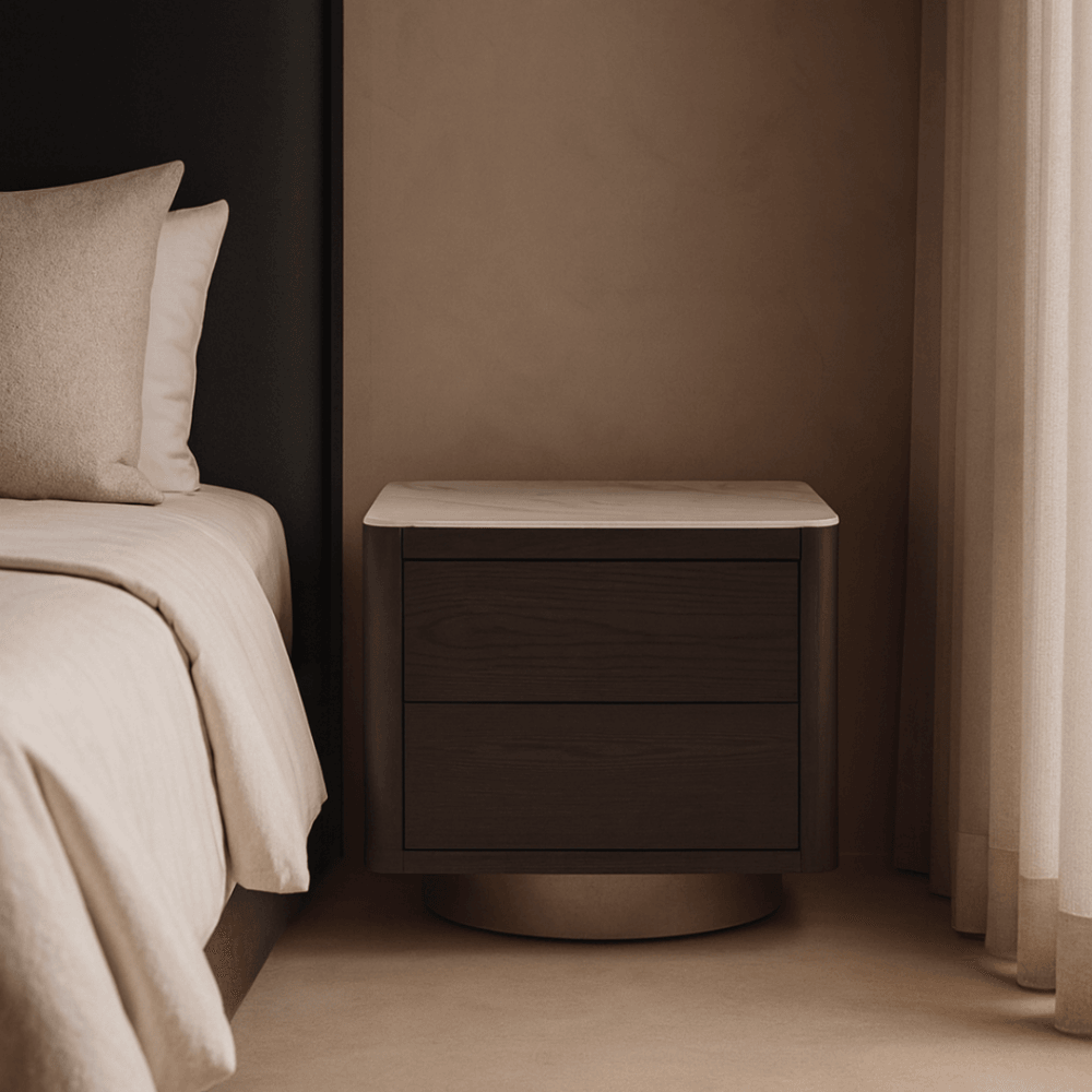 Coin Smoke Oak & Marble Bedside Table by Tommy Franks