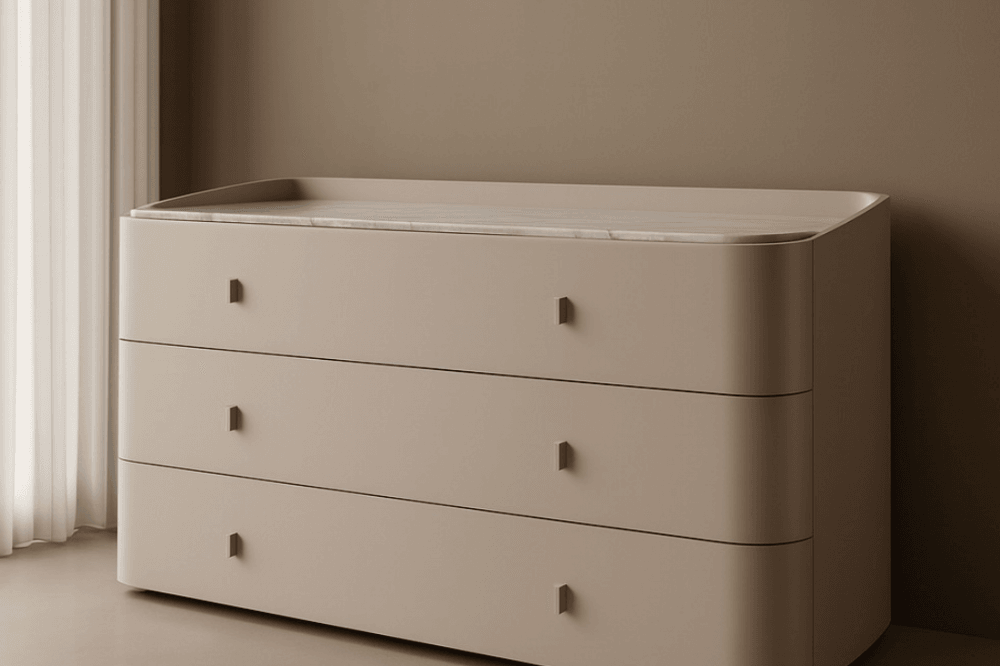 Vertu Dresser Matte Beige Walnut Wood & Bianco Carrara Marble Top 3 Drawer by Tommy Franks