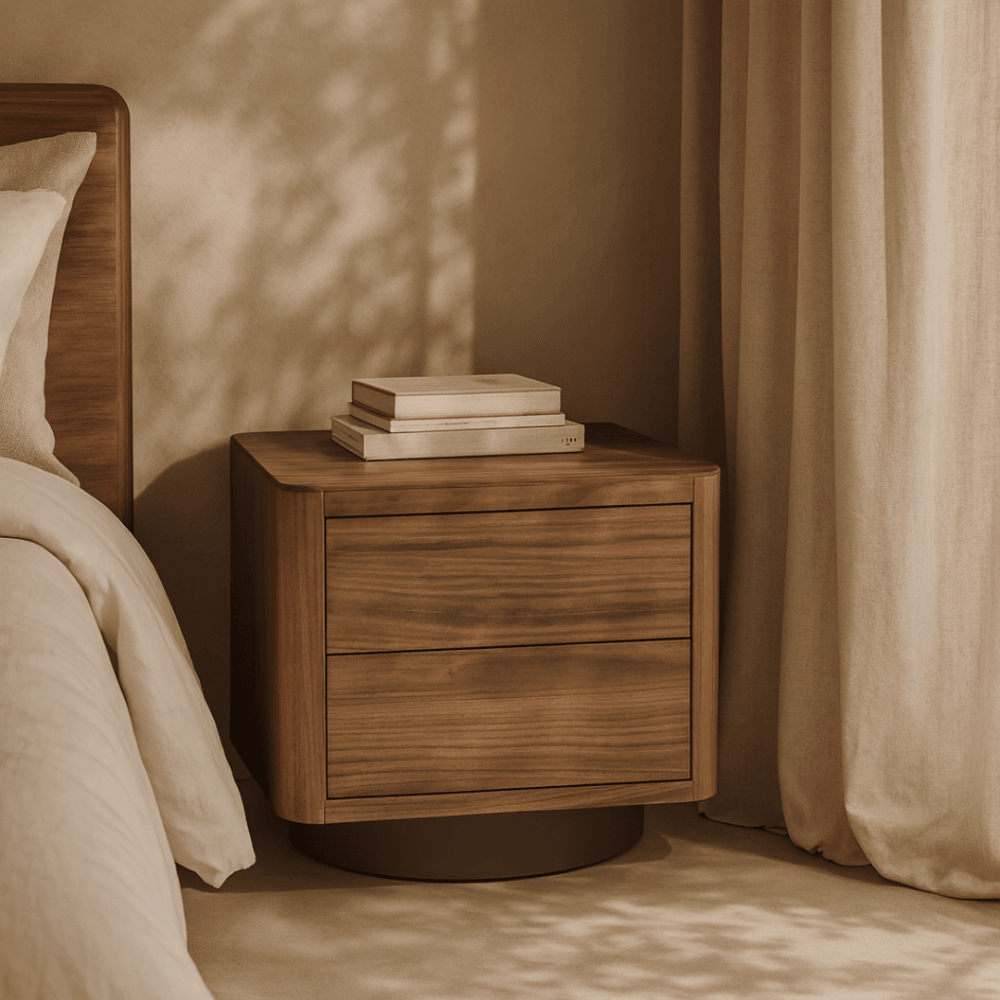 Coin Bedside Table Light Walnut Wood with Metal Base 2 Drawers by Tommy Franks