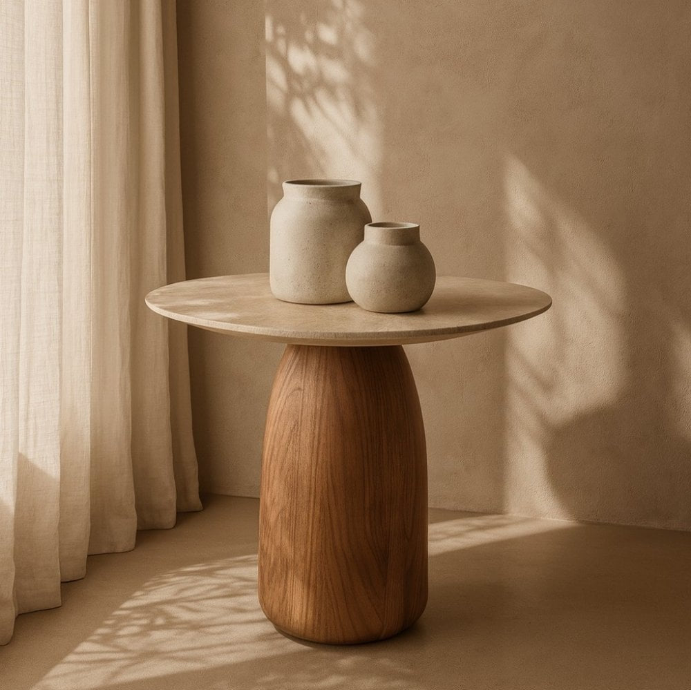Basilca Walnut Wood & Travertine Side Table by Tommy Franks