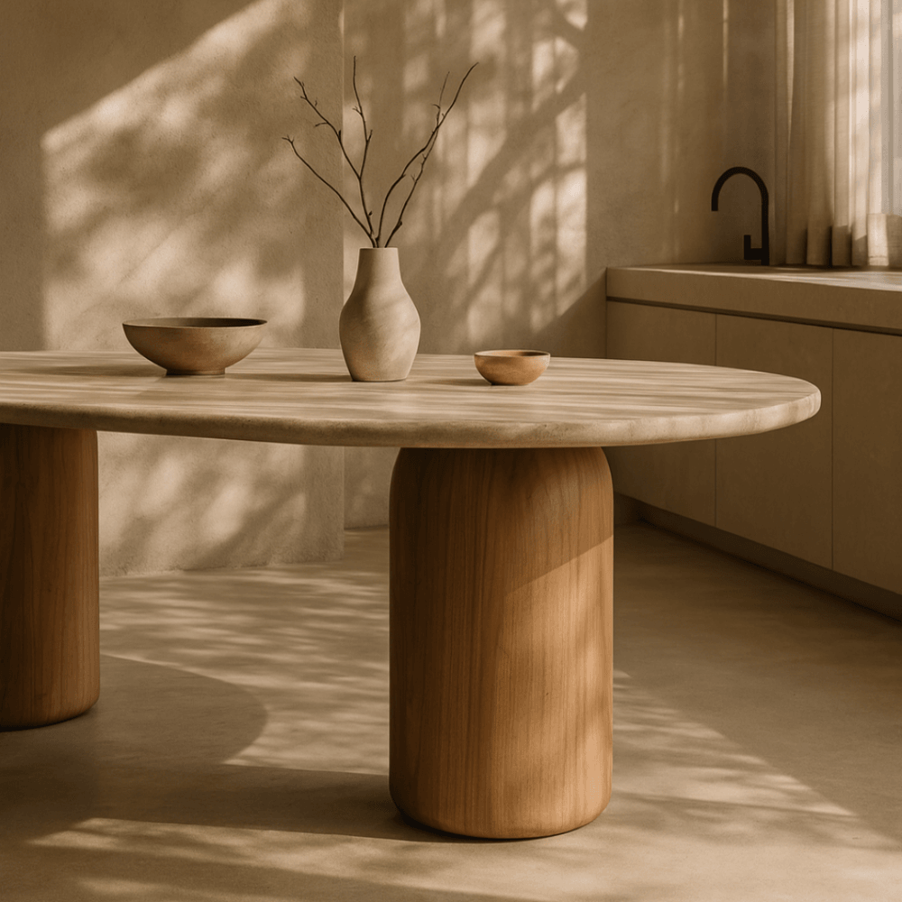 Basilca Walnut Wood & Travertine Dining Table by Tommy Franks