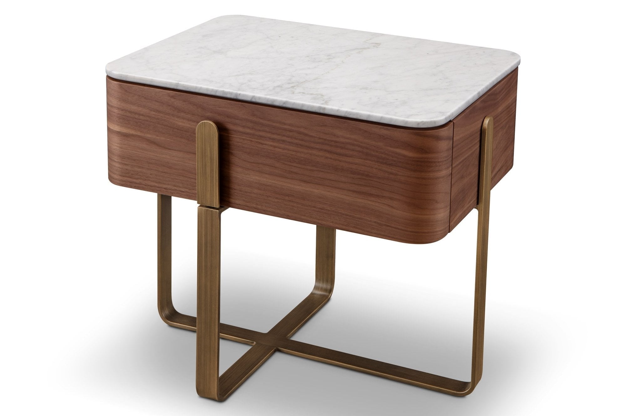 Aurelia Brown Walnut Bedside Table with White Marble Top by Tommy Franks