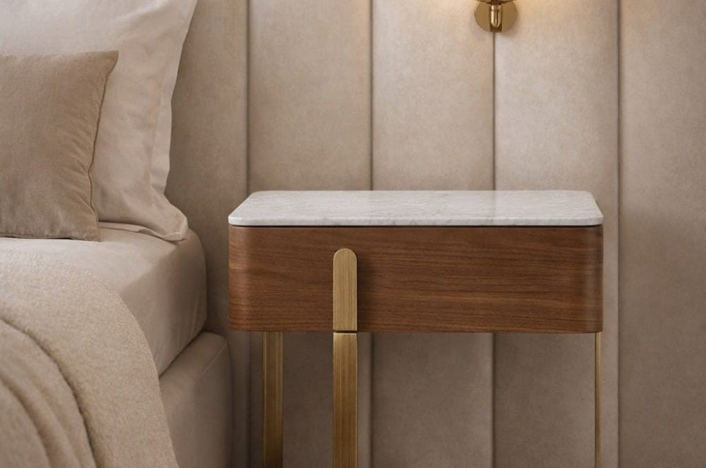 Aurelia Brown Walnut Bedside Table with White Marble Top by Tommy Franks