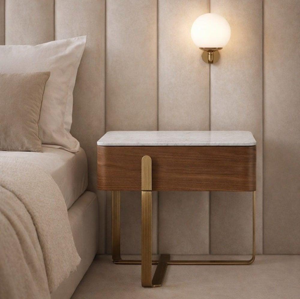 Aurelia Brown Walnut Bedside Table with White Marble Top by Tommy Franks