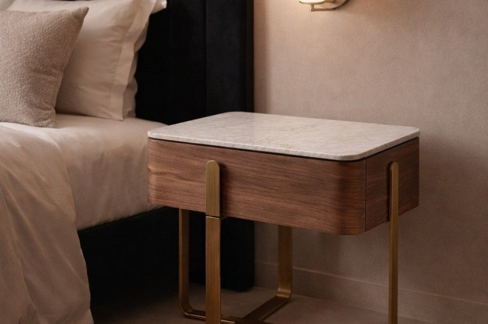Aurelia Brown Walnut Bedside Table with White Marble Top by Tommy Franks