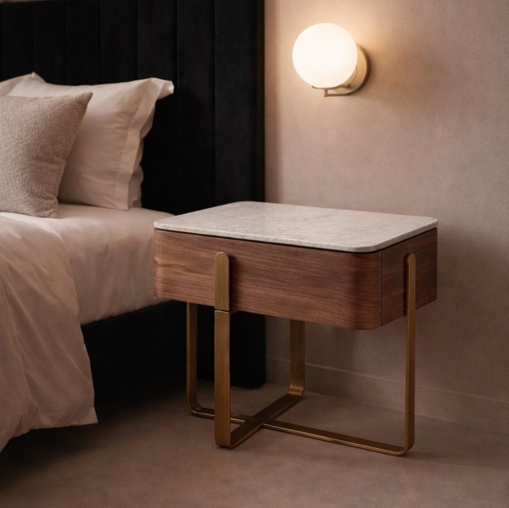 Aurelia Brown Walnut Bedside Table with White Marble Top by Tommy Franks