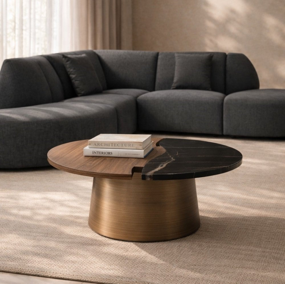 Aurelia Coffee Table in Walnut Wood with Gold Base & Marble Top by Tommy Franks