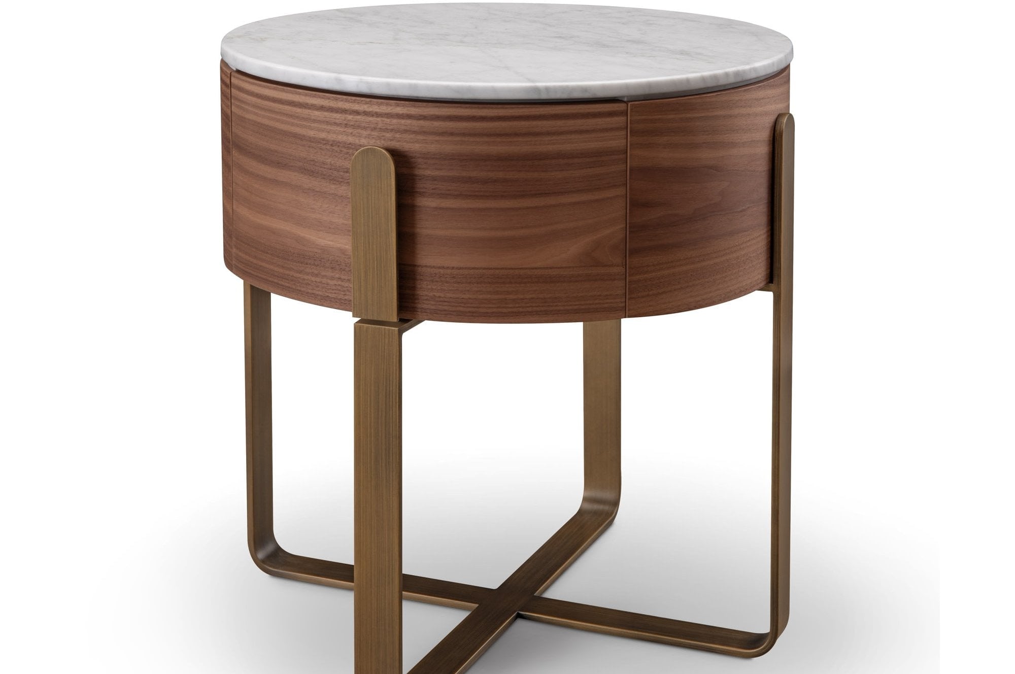 Aurelia Round Walnut Wood Bedside Table with Marble Top by Tommy Franks