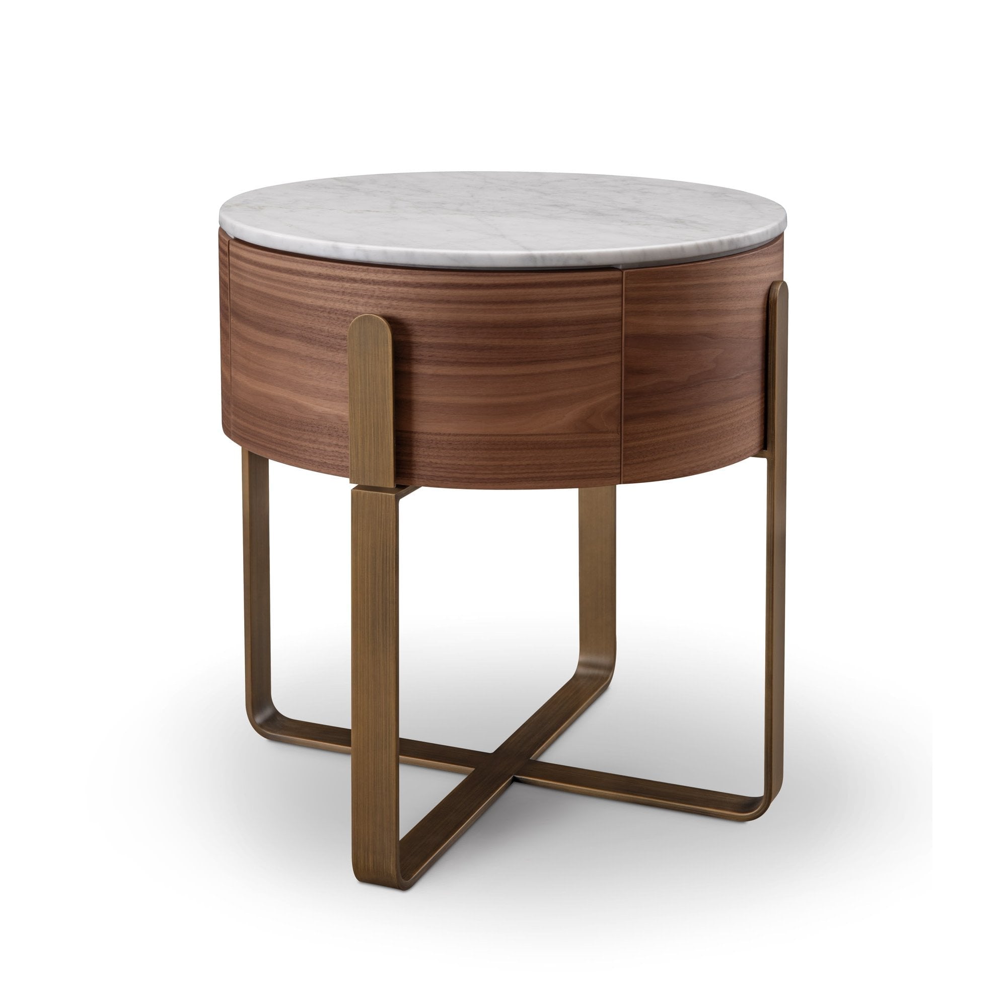 Aurelia Round Walnut Wood Bedside Table with Marble Top by Tommy Franks