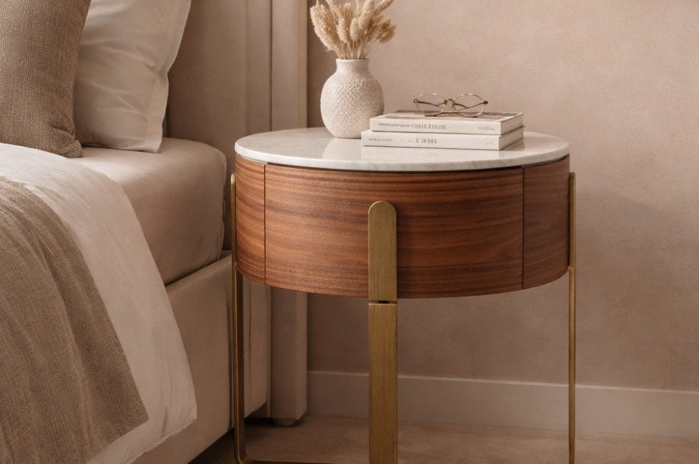 Aurelia Round Walnut Wood Bedside Table with Marble Top by Tommy Franks