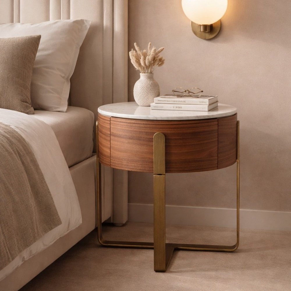 Aurelia Round Walnut Wood Bedside Table with Marble Top by Tommy Franks