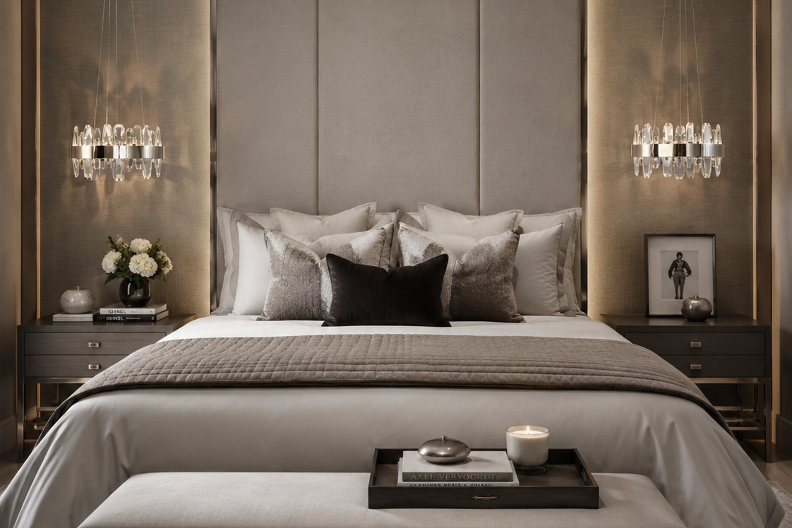 A luxury bedroom featuring a large bed with neutral gray and white bedding, a matching upholstered bench at the foot, a tall padded headboard, and symmetrical crystal chandeliers on dark wood nightstands.