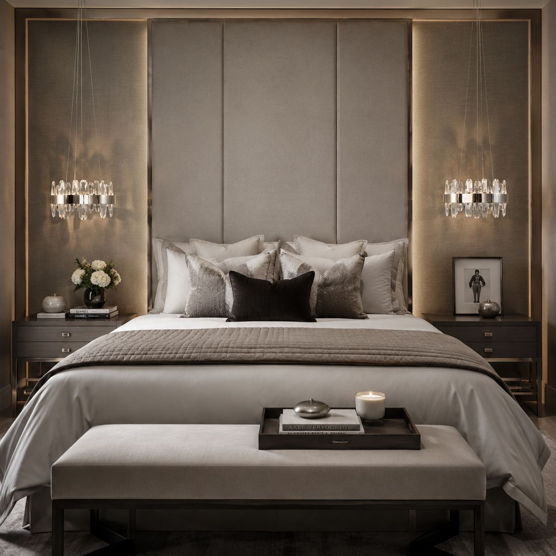 A luxury bedroom featuring a large bed with neutral gray and white bedding, a matching upholstered bench at the foot, a tall padded headboard, and symmetrical crystal chandeliers on dark wood nightstands.
