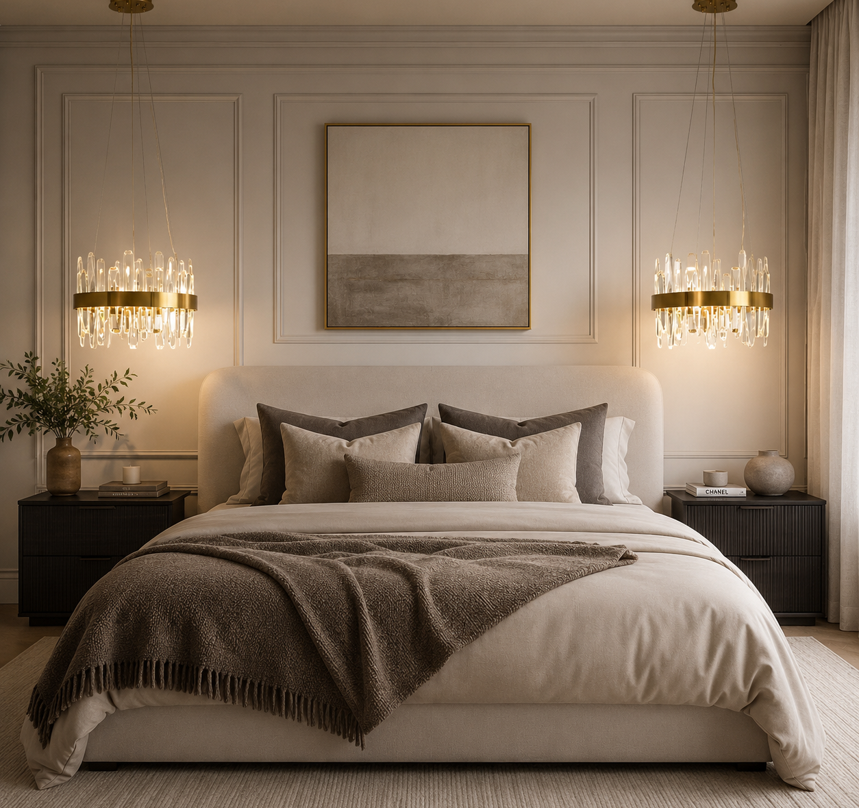 A luxury bedroom featuring a large bed dressed in cream bedding and a brown throw blanket, flanked by dark nightstands and gold chandeliers against a beige paneled wall.
