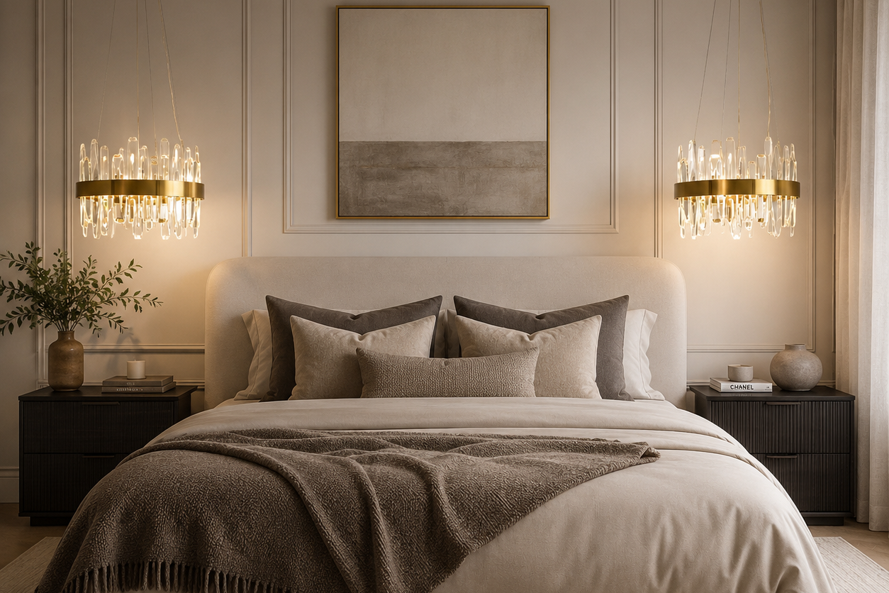 A luxury bedroom featuring a large bed dressed in cream bedding and a brown throw blanket, flanked by dark nightstands and gold chandeliers against a beige paneled wall.