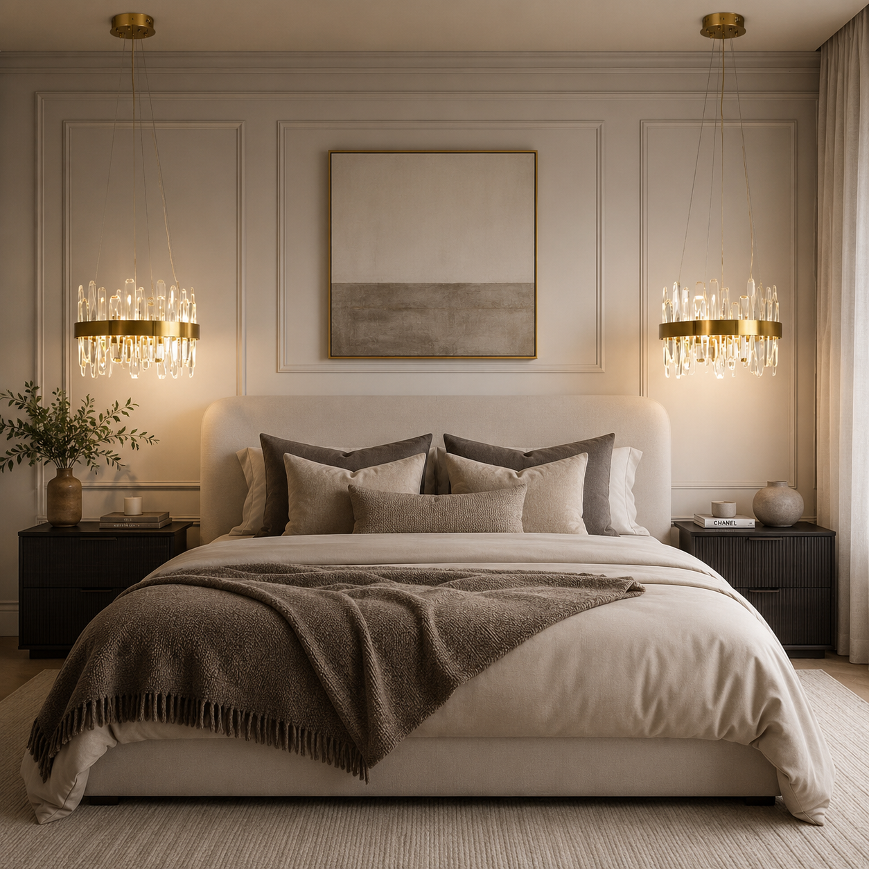 A luxury bedroom featuring a large bed dressed in cream bedding and a brown throw blanket, flanked by dark nightstands and gold chandeliers against a beige paneled wall.