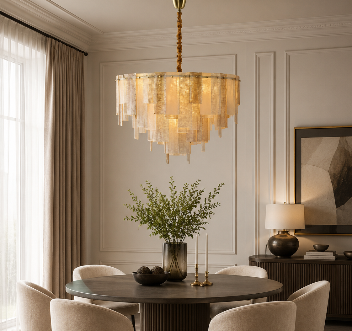 A modern dining room featuring a large cylindrical chandelier with layered amber-gold glass shades hanging above a round dark wood table with six upholstered cream chairs.