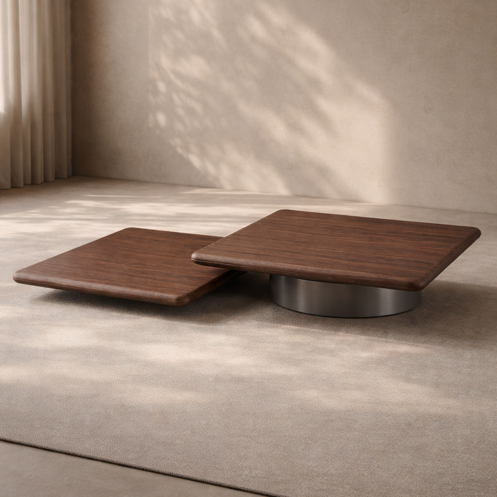 Lakeside I Walnut Wood Coffee Table with Grey Metal Base by Tommy Franks