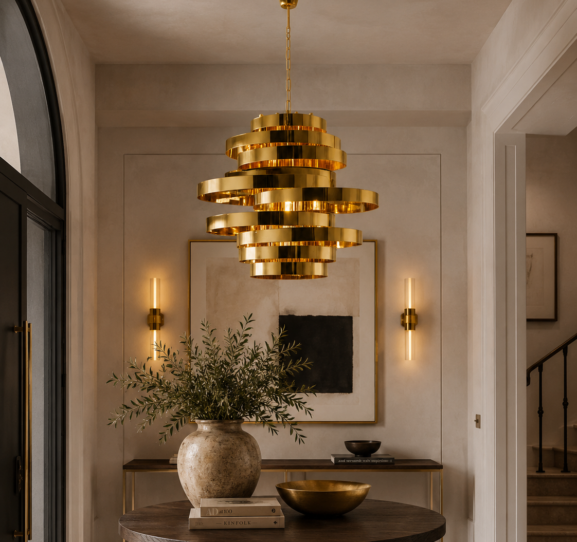 A modern tiered chandelier with reflective gold-toned metal rings hangs over a round dark wood table in a styled interior hallway with warm wall sconces and a vase of greenery.