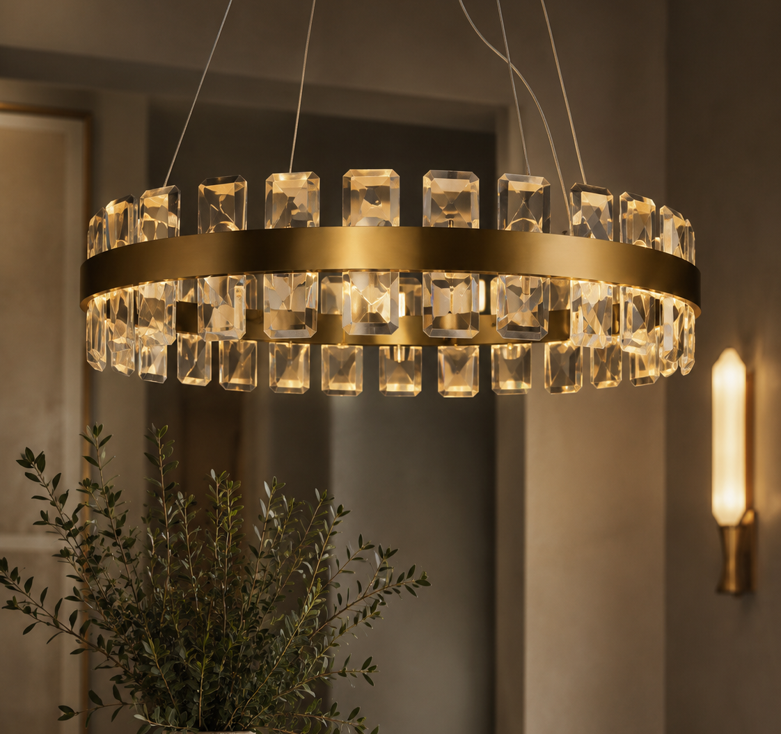 A modern circular chandelier with a brushed gold metal ring and clear rectangular glass crystal drops, hanging in a dimly lit dining room above a table with a vase of greenery.