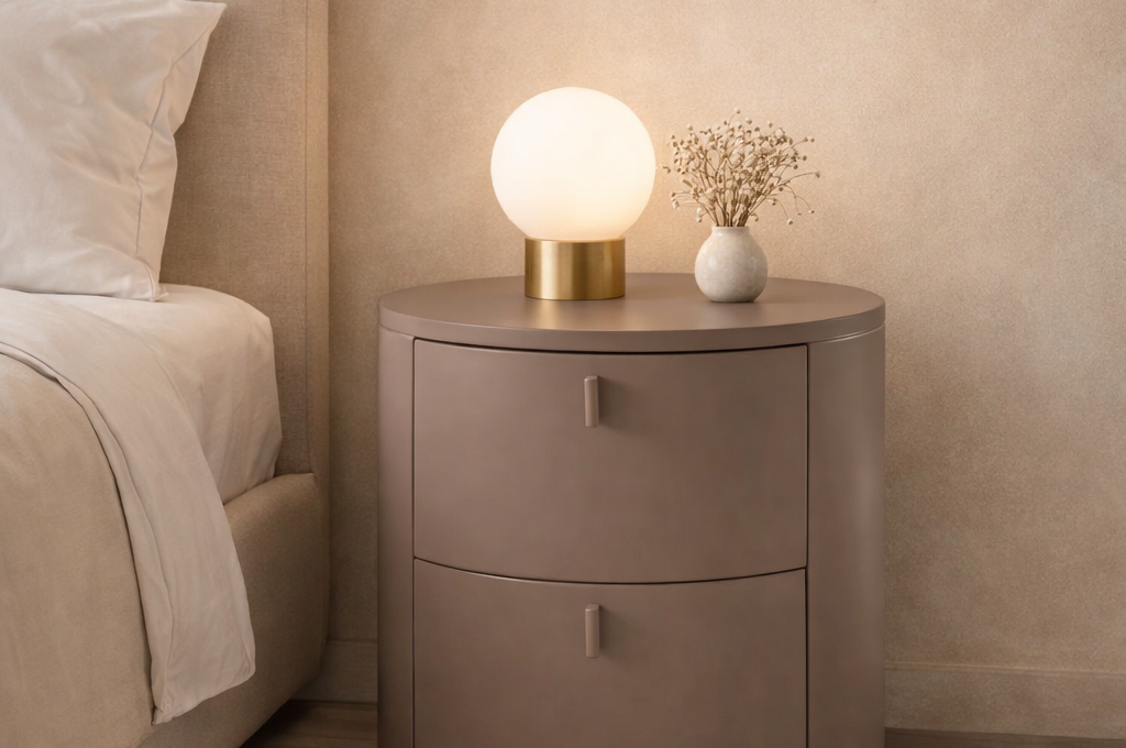 Sims Round Bedside Table Cocoa Wood 2 Drawer by Tommy Franks