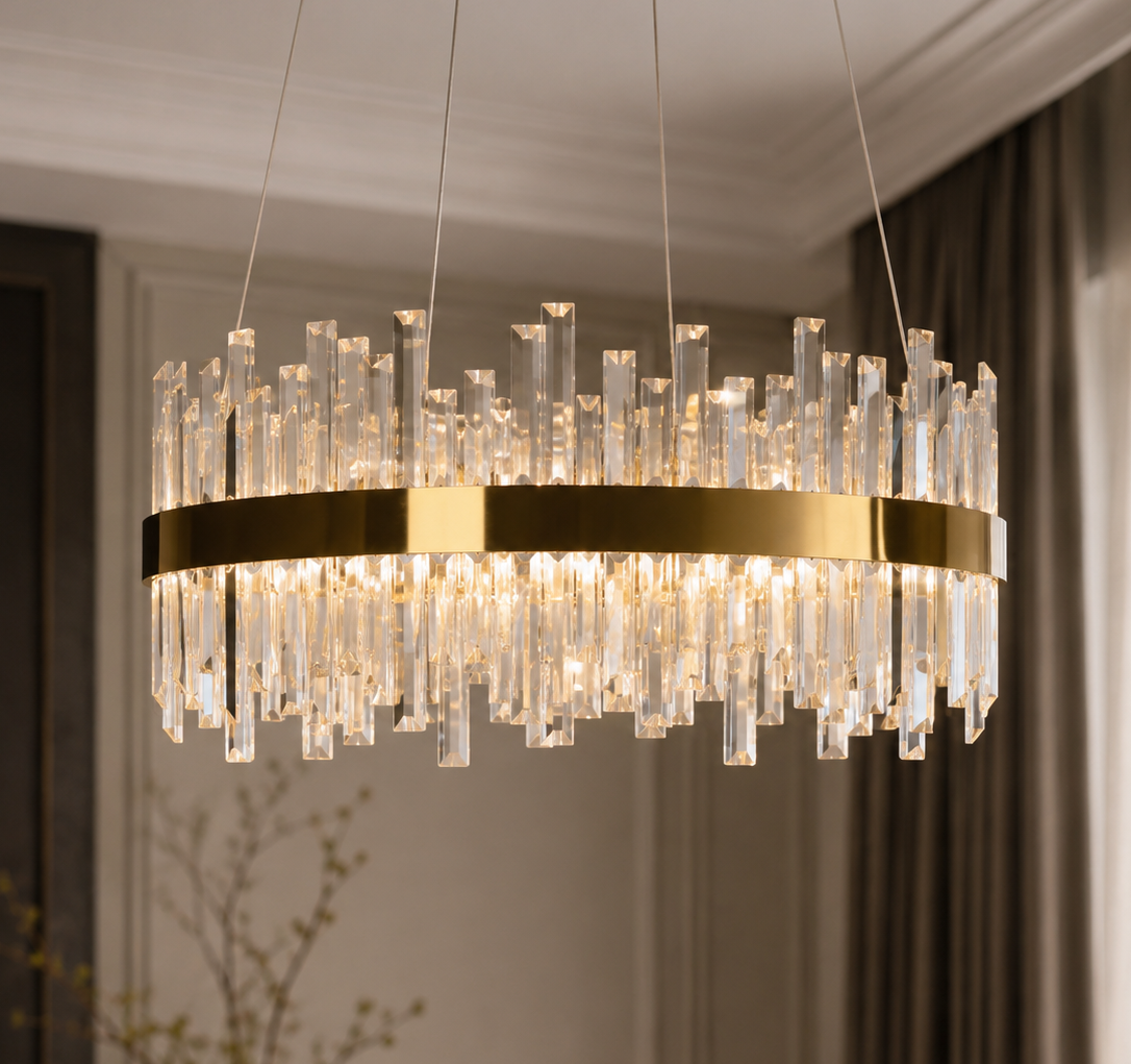 A modern circular chandelier with a brushed gold metal band and numerous clear glass cylindrical drops, suspended from the ceiling in an elegant room setting.