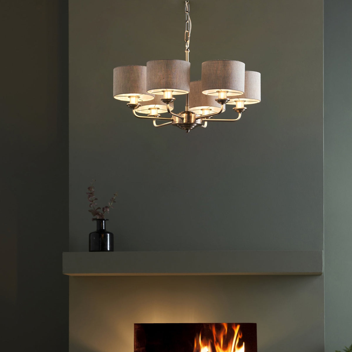 Highclere Brushed Chrome 6 Light Chandelier with Natural Linen Shades ...