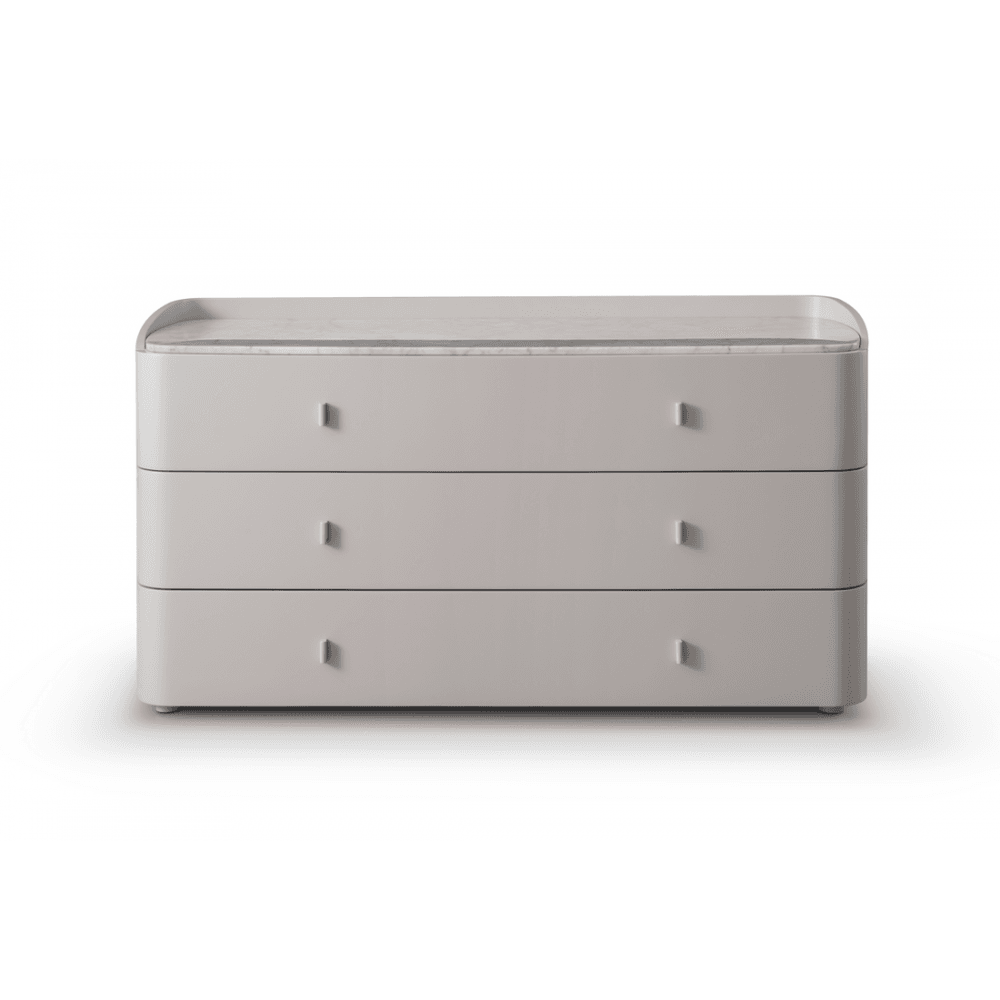 Vertu Dresser Matte Beige Walnut Wood & Bianco Carrara Marble Top 3 Drawer by Tommy Franks