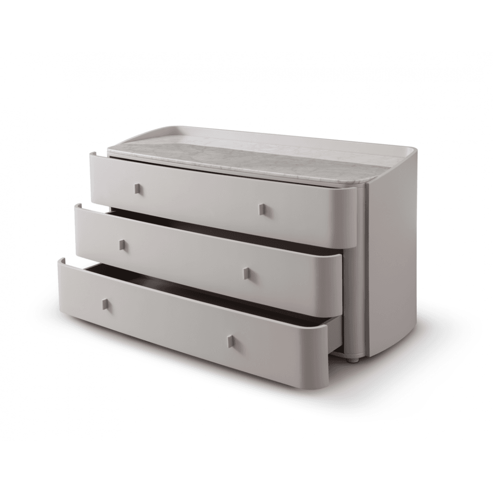 Vertu Dresser Matte Beige Walnut Wood & Bianco Carrara Marble Top 3 Drawer by Tommy Franks