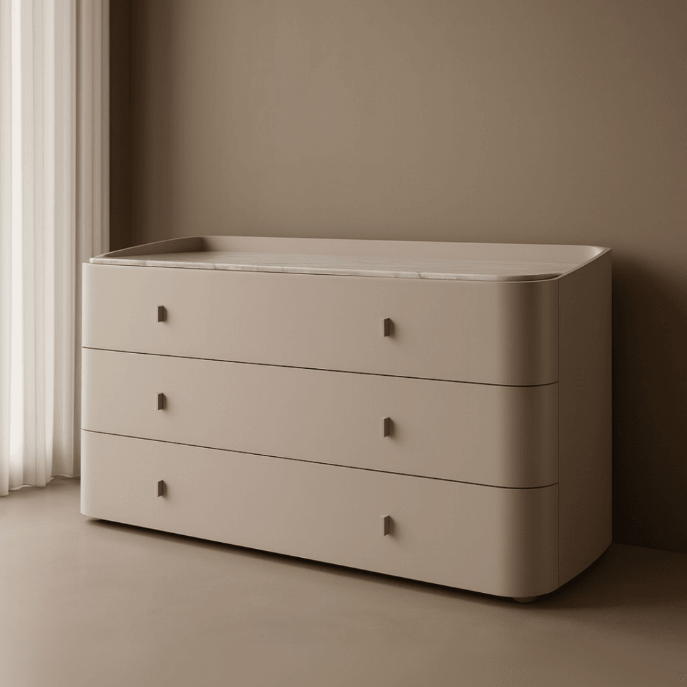Vertu Dresser Matte Beige Walnut Wood & Bianco Carrara Marble Top 3 Drawer by Tommy Franks