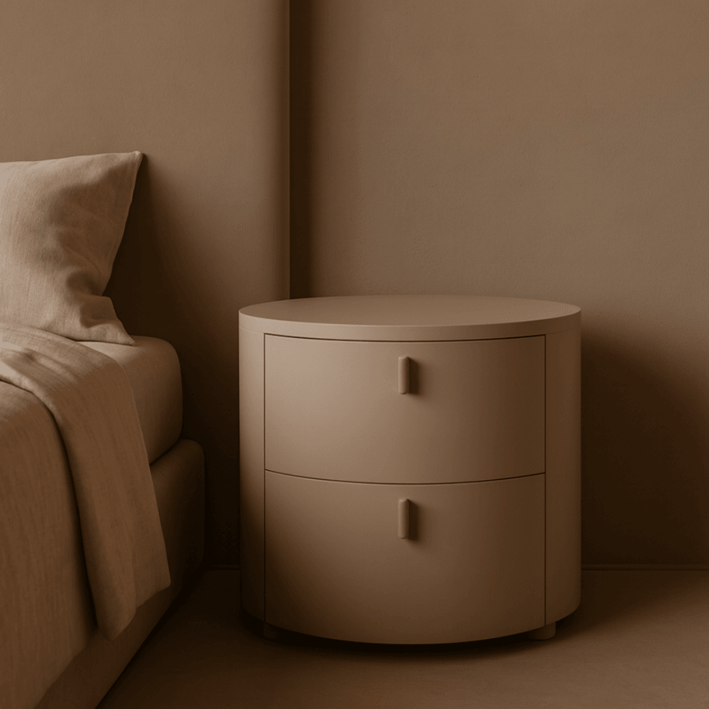 Sims Round Bedside Table Verde Green Wood 2 Drawers by Tommy Franks