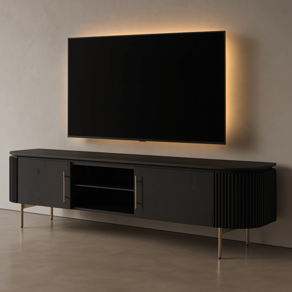 Lantine TV Media Unit Black Oak & Brass with Brass Handles & Legs by Tommy Franks