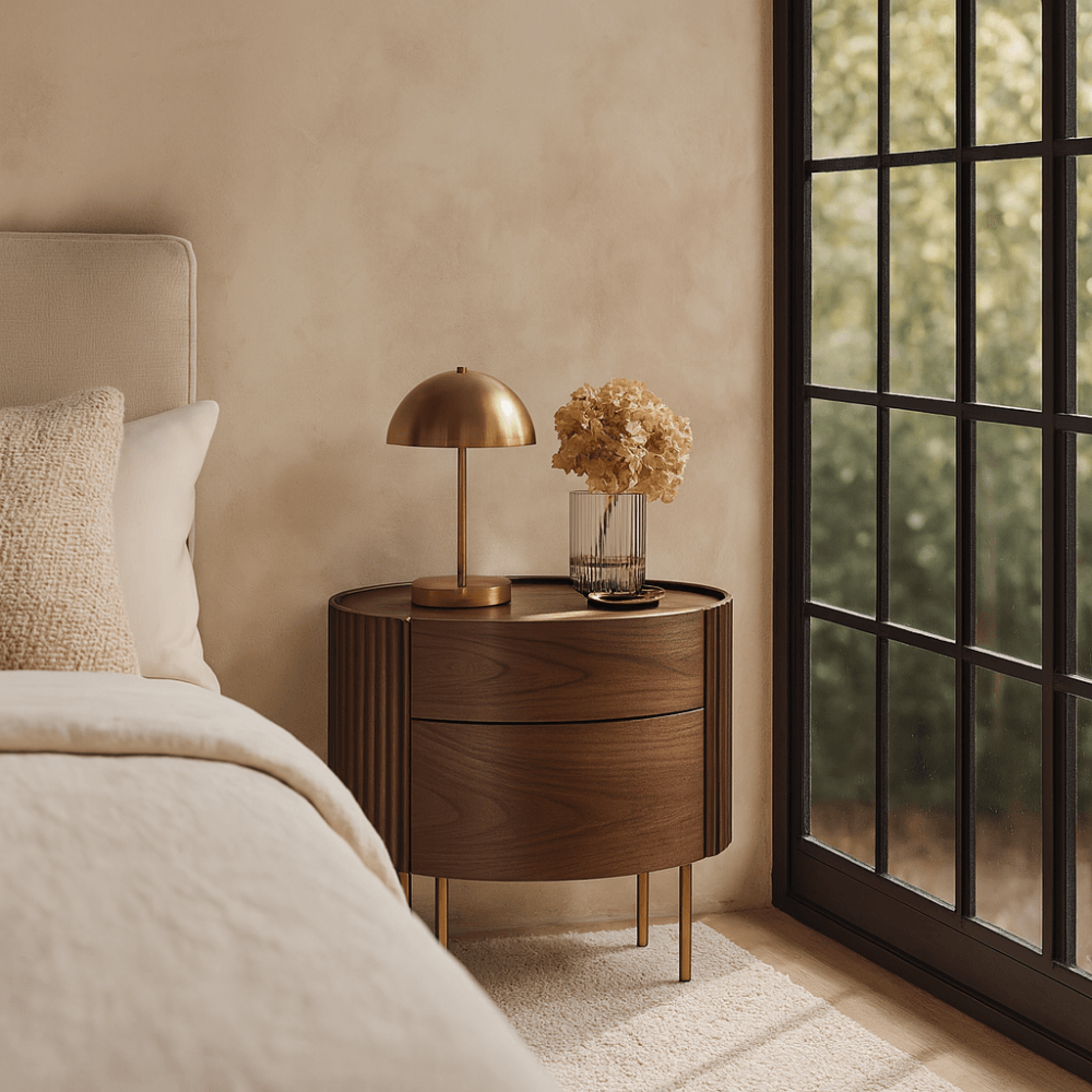 Lantine Bedside Table Walnut Wood & Brass Legs 2 Drawer by Tommy Franks