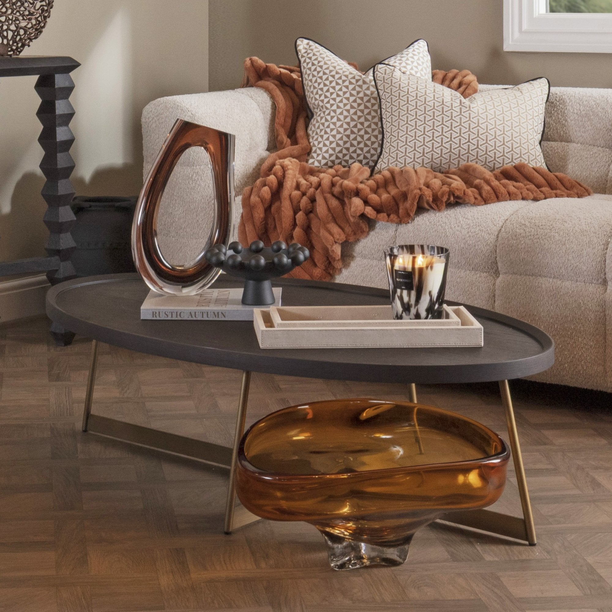 Lane Coffee Table Smoke Oak Wood & Gold Frame by Tommy Franks