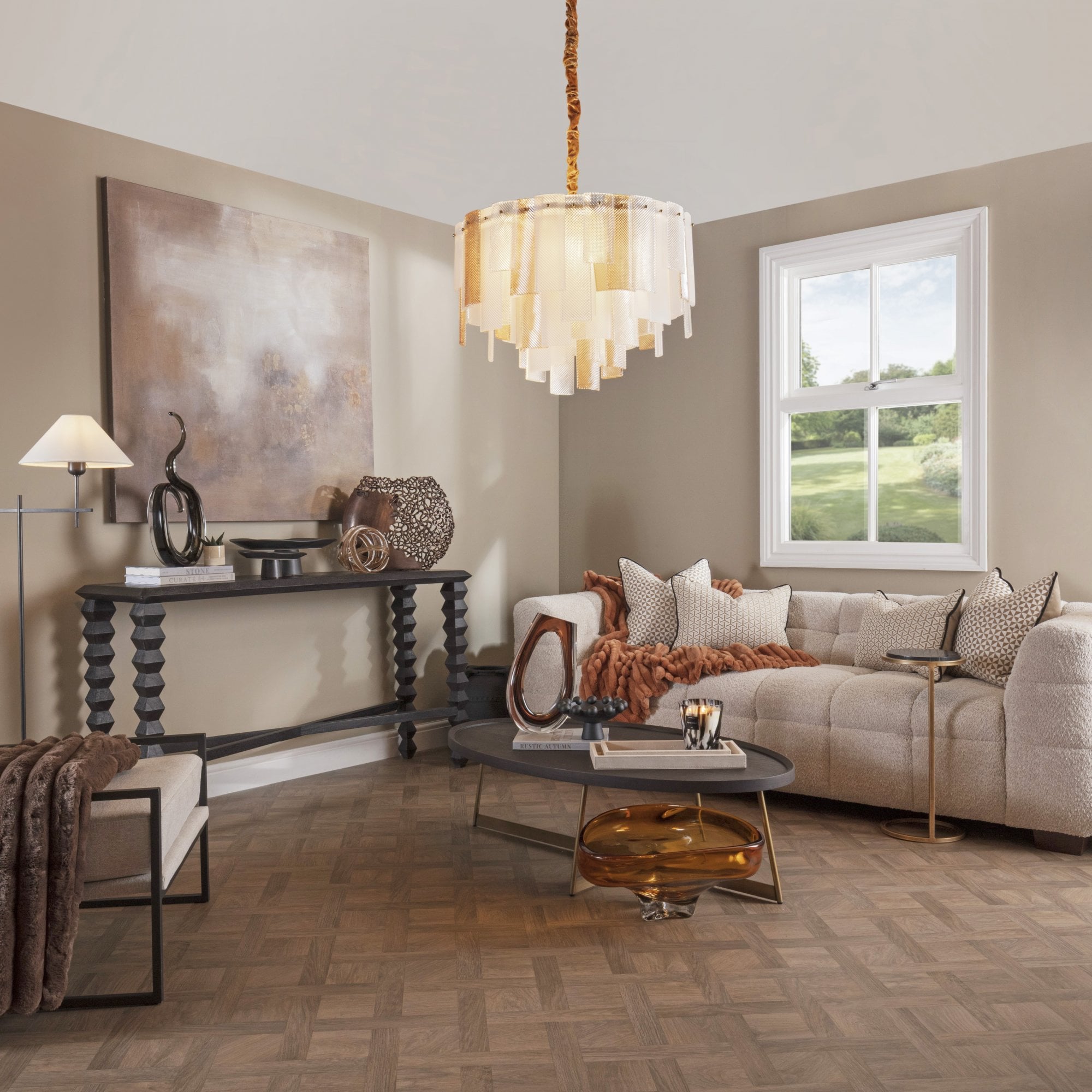 Lane Coffee Table Smoke Oak Wood & Gold Frame by Tommy Franks