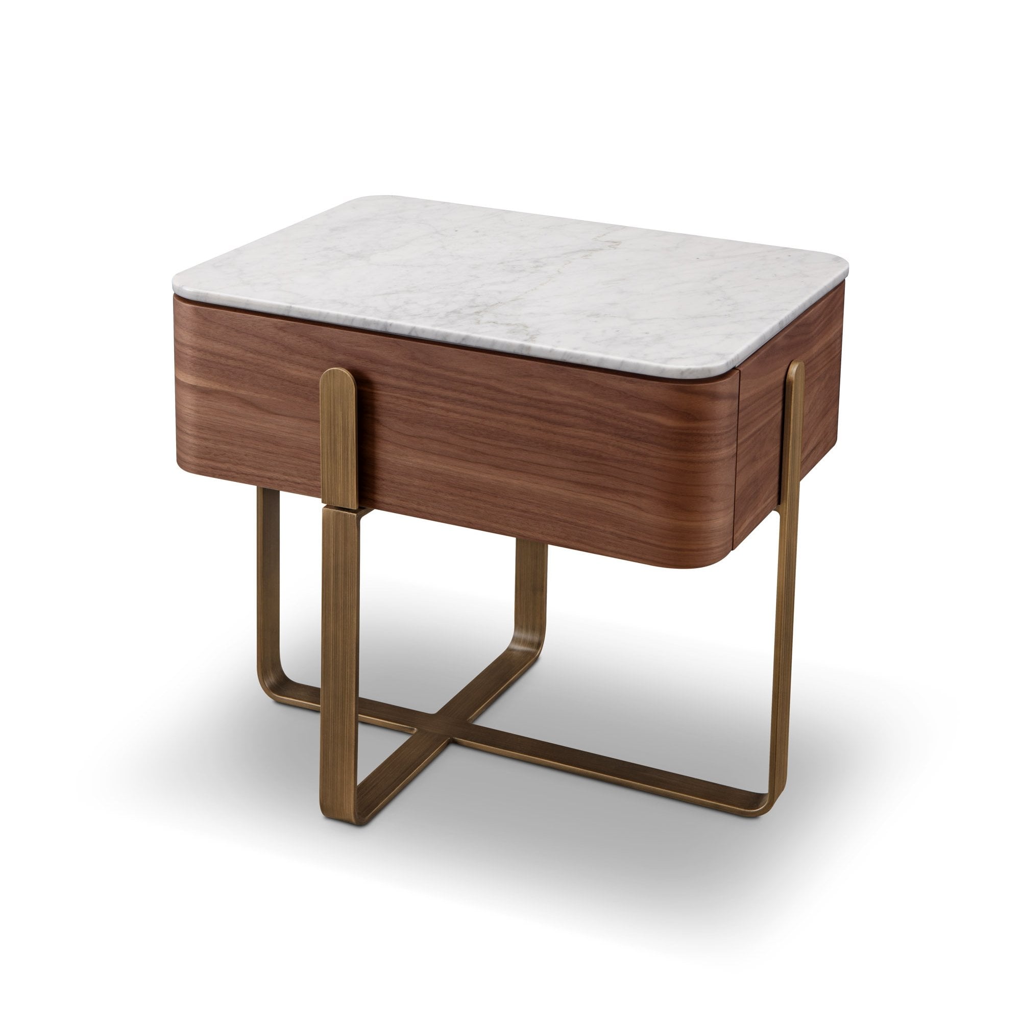 Aurelia Brown Walnut Bedside Table with White Marble Top by Tommy Franks