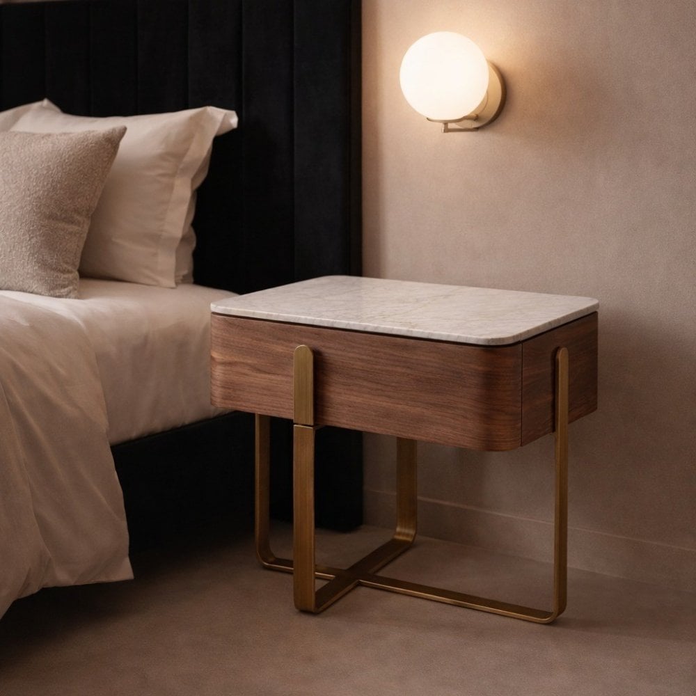 Aurelia Brown Walnut Bedside Table with White Marble Top by Tommy Franks