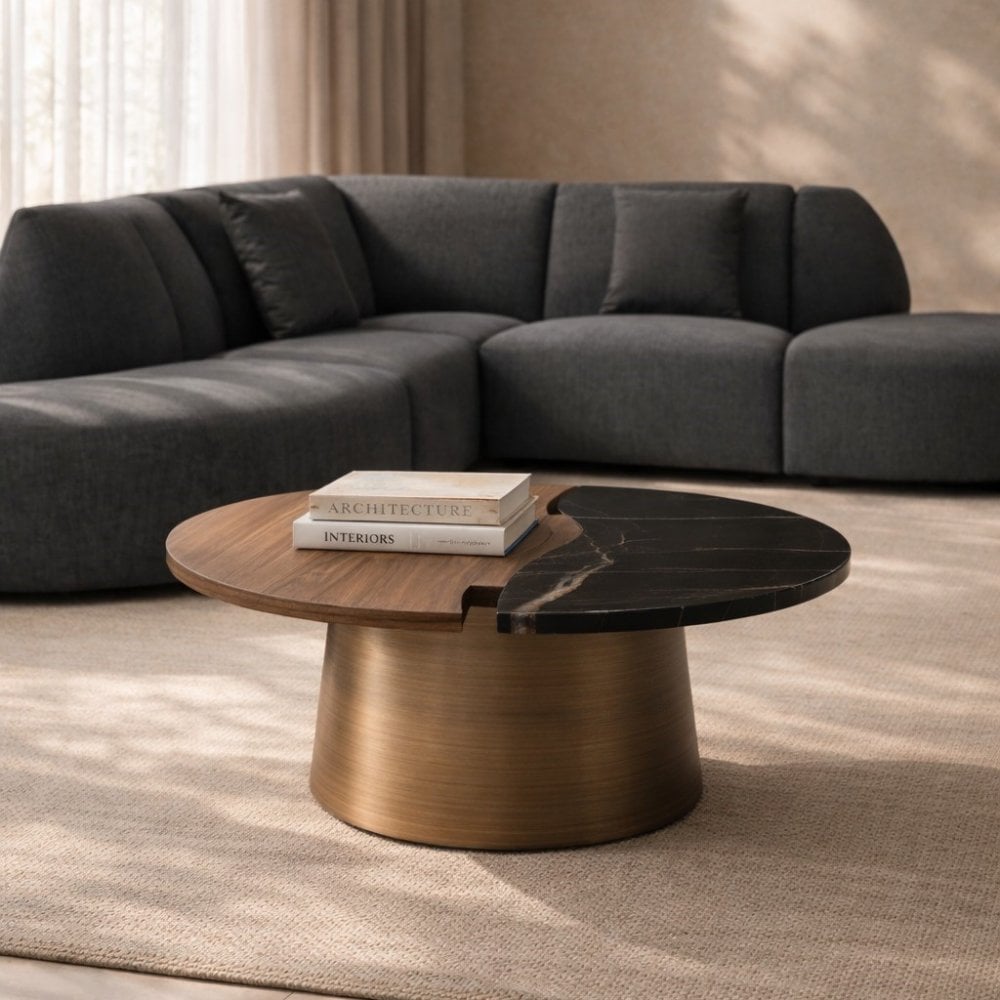 Aurelia Coffee Table in Walnut Wood with Gold Base & Marble Top by Tommy Franks