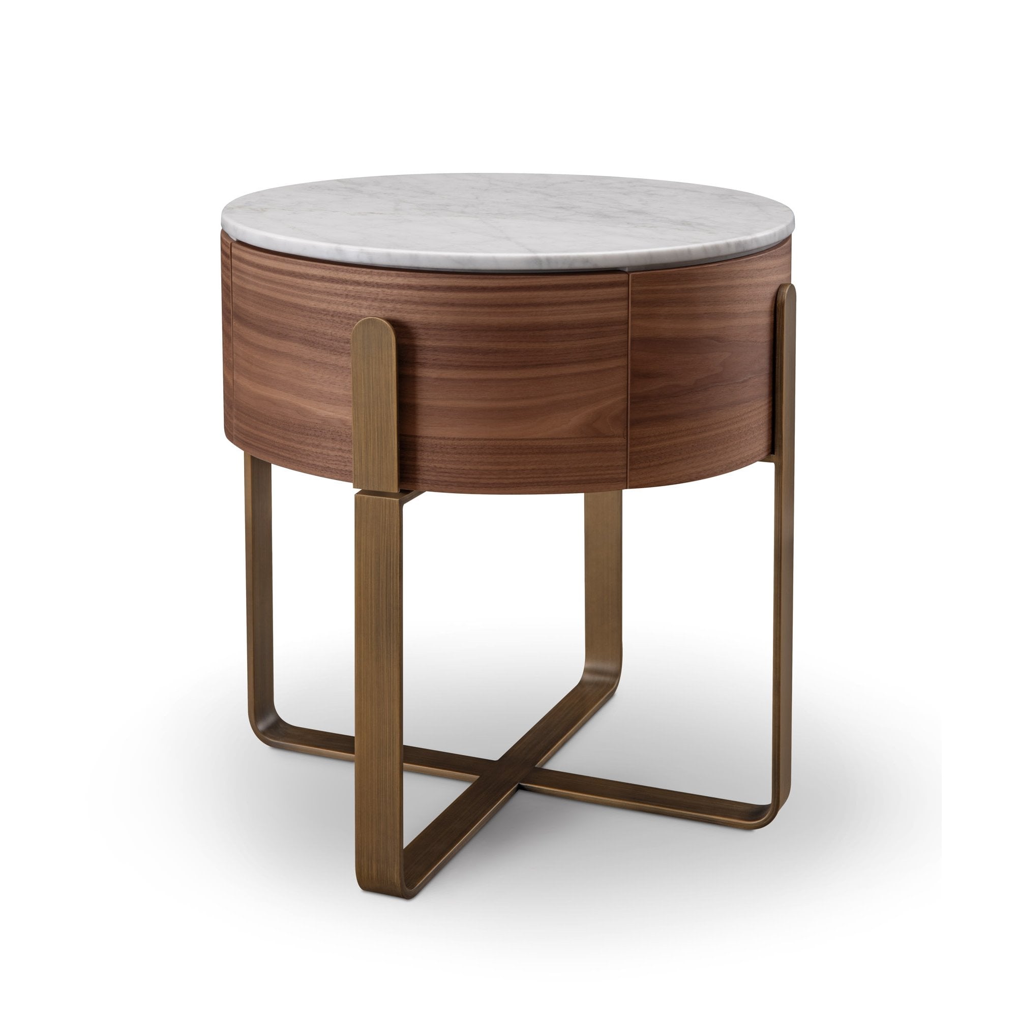 Aurelia Round Walnut Wood Bedside Table with Marble Top by Tommy Franks