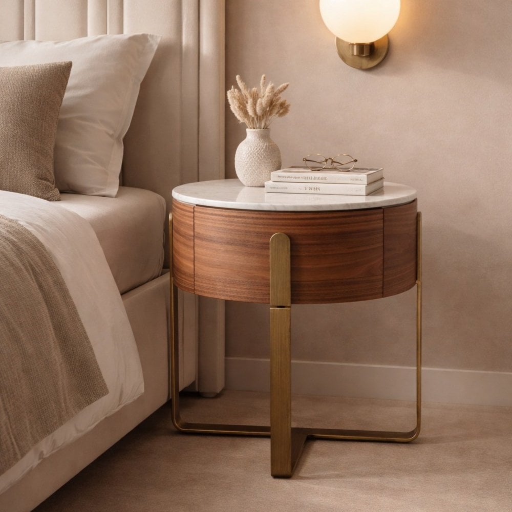 Aurelia Round Walnut Wood Bedside Table with Marble Top by Tommy Franks