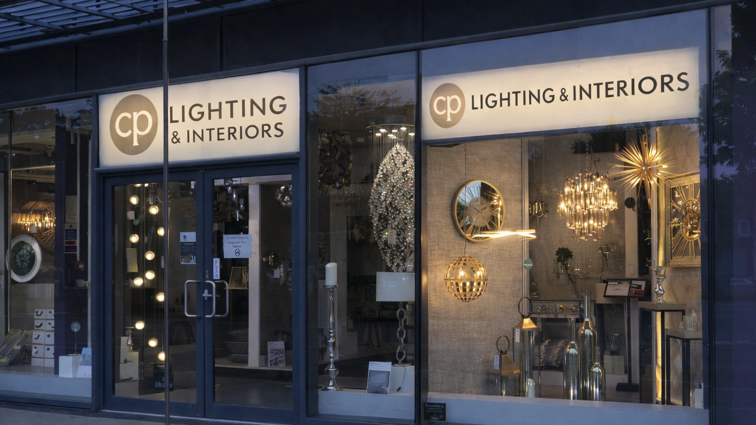 Cp Lighting & Interiors store front with interior decor displayed in windows