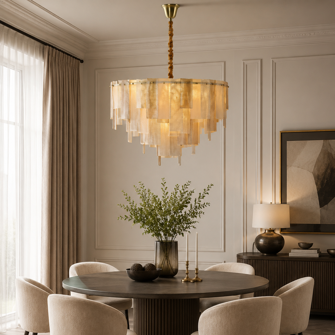 A modern dining room featuring a large cylindrical chandelier with layered amber-gold glass shades hanging above a round dark wood table with six upholstered cream chairs.