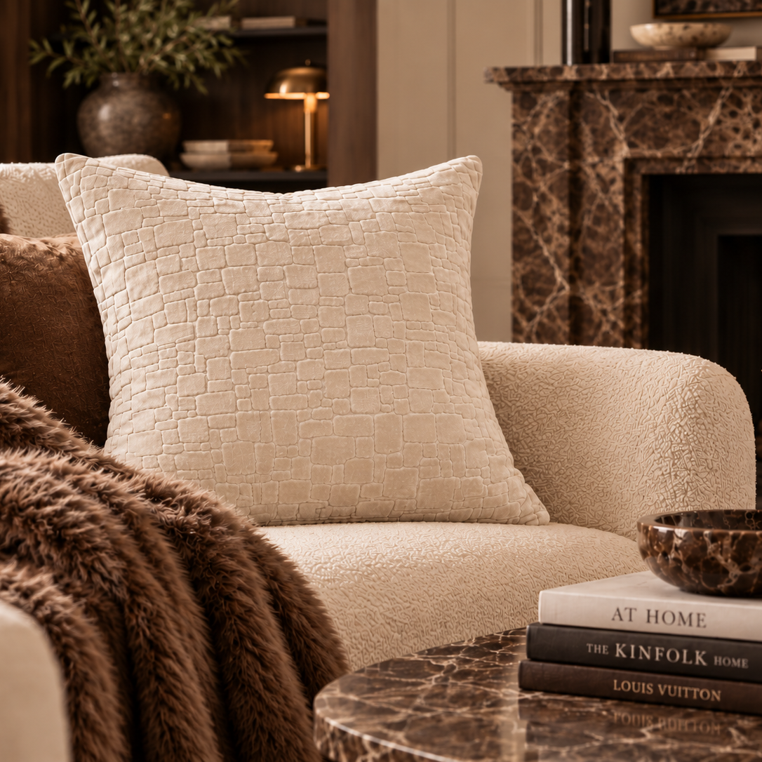 A cozy living room scene featuring a textured cream bouclé throw pillow on a cream armchair, styled with a brown faux fur throw blanket, a brown fireplace, and a marble coffee table with books.