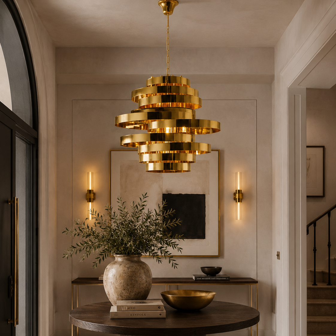 A modern tiered chandelier with reflective gold-toned metal rings hangs over a round dark wood table in a styled interior hallway with warm wall sconces and a vase of greenery.