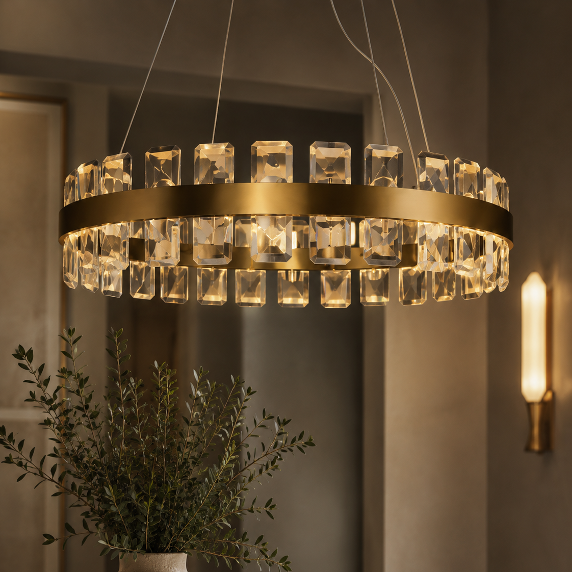 A modern circular chandelier with a brushed gold metal ring and clear rectangular glass crystal drops, hanging in a dimly lit dining room above a table with a vase of greenery.