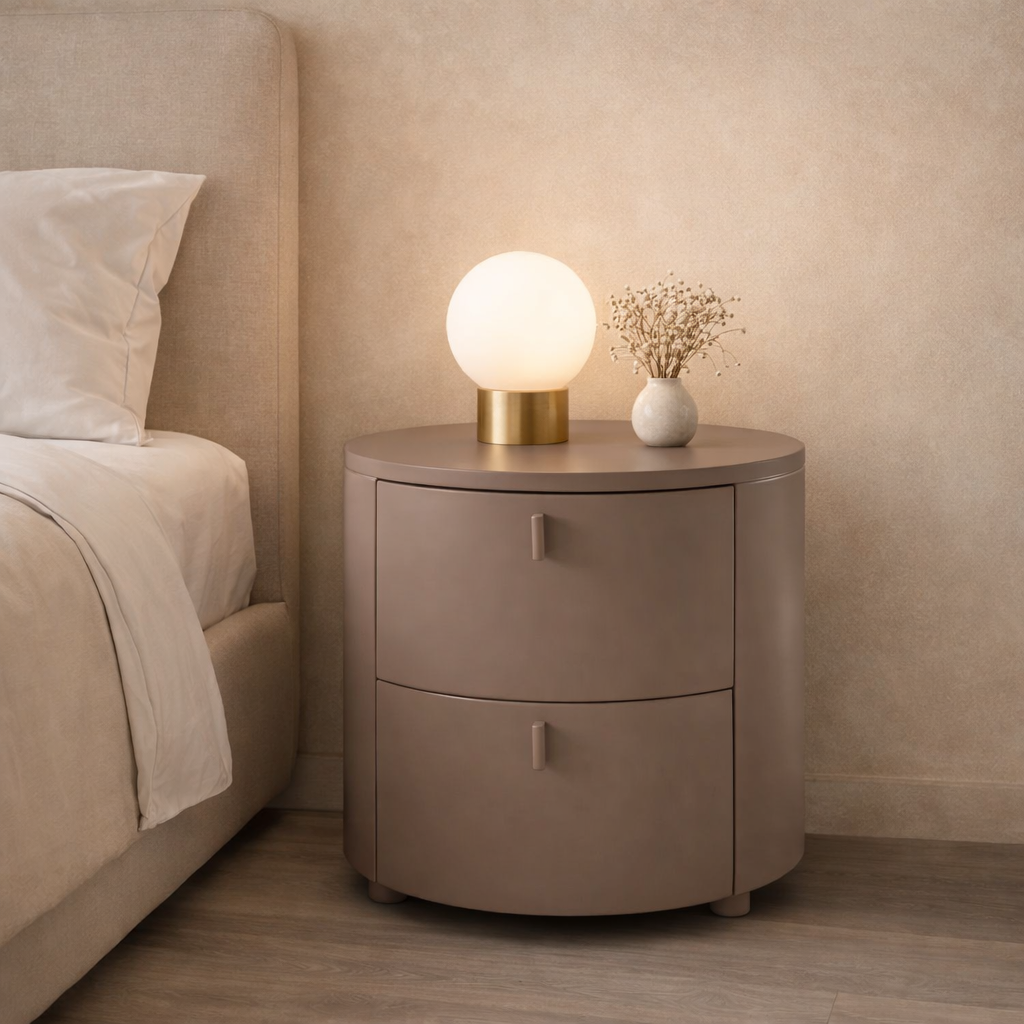 Sims Round Bedside Table Cocoa Wood 2 Drawer by Tommy Franks