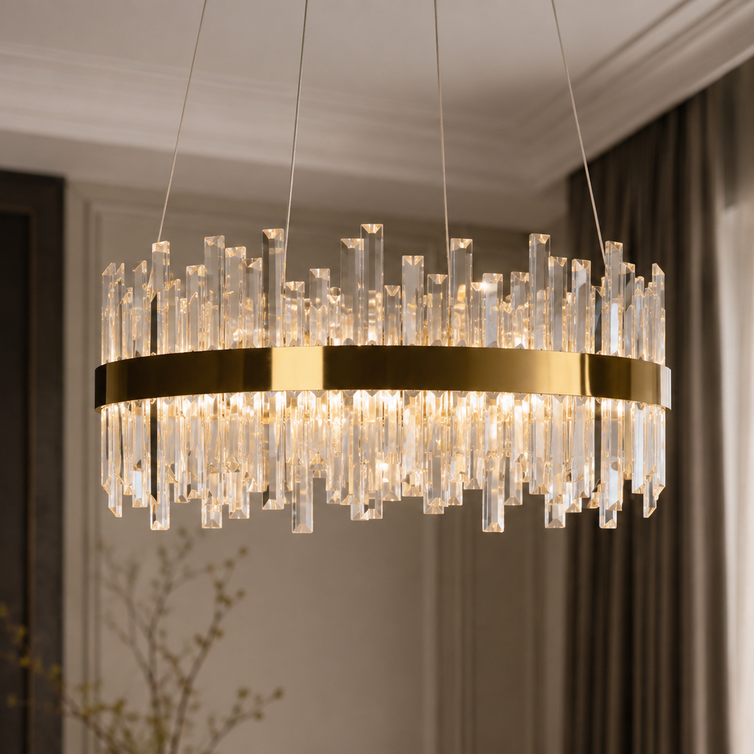 A modern circular chandelier with a brushed gold metal band and numerous clear glass cylindrical drops, suspended from the ceiling in an elegant room setting.